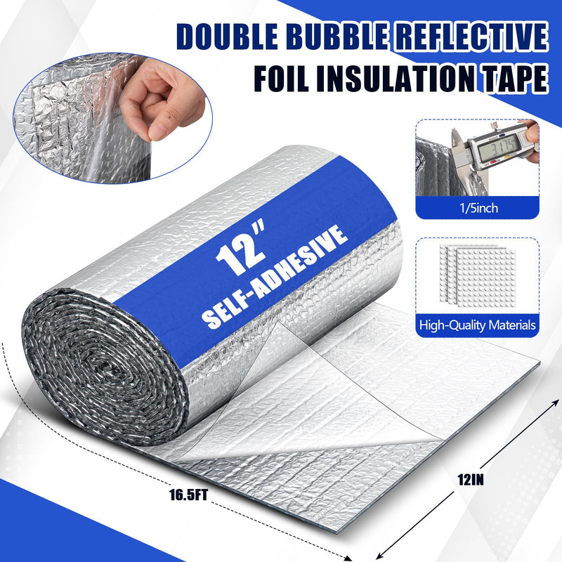 Double Reflective Insulation Roll, 12in x 16.4ft Pipe Duct Insulation Roll, Self Adhesive Aluminum Foil Bubble Radiant Barrier Tape for HVAC Duct, Window Thermal Barrier and Weatherproof