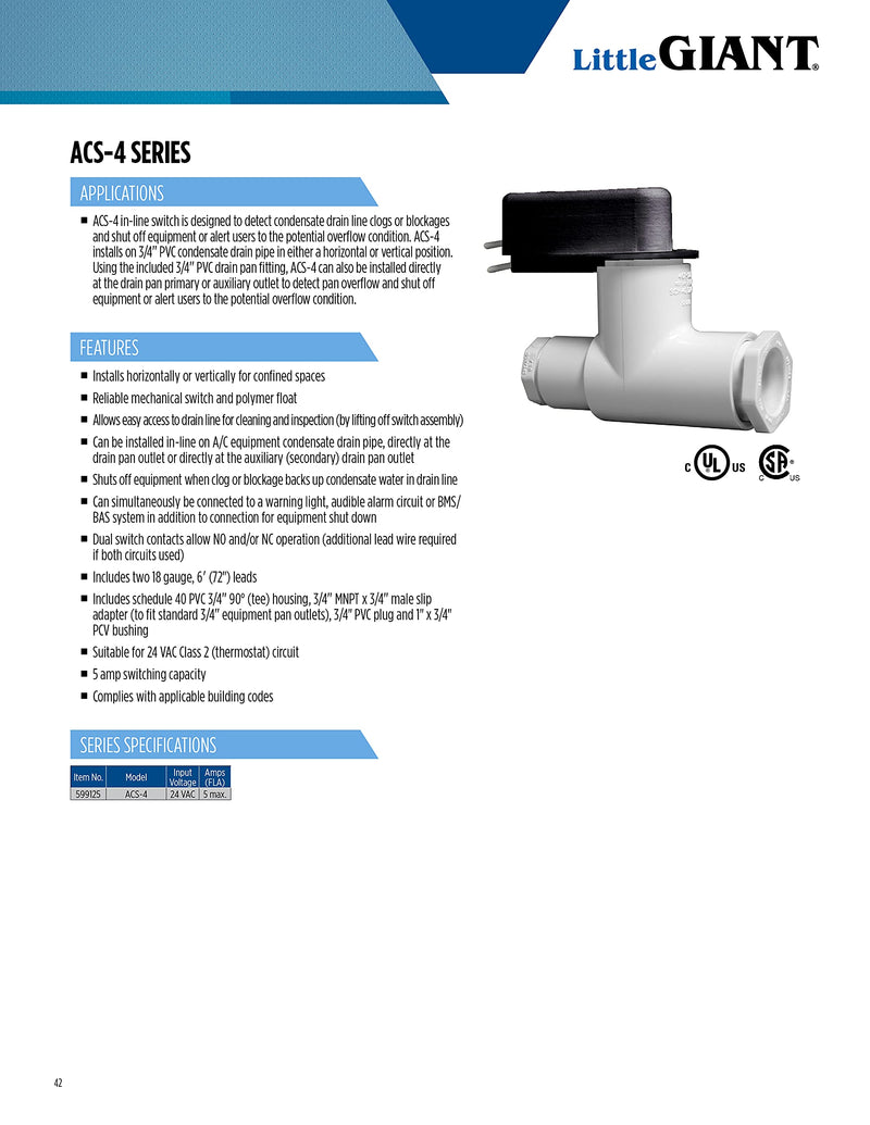 Little Giant ACS-4 In-Line Condensate Drain Overflow Shut-off Switch, 24 VAC Input Voltage, 5 Amp Capacity, 72 inch Leads, Black/White, 599125