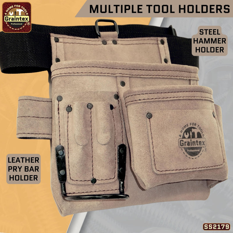 Graintex 5 Pocket Suede Leather Tool Belt/Bag, Multipurpose Leather Tool Belt for Women and Men, Ideal for Construction, Electrician, Handymen, Carpenter, Gardening Pouch & DIY Projects