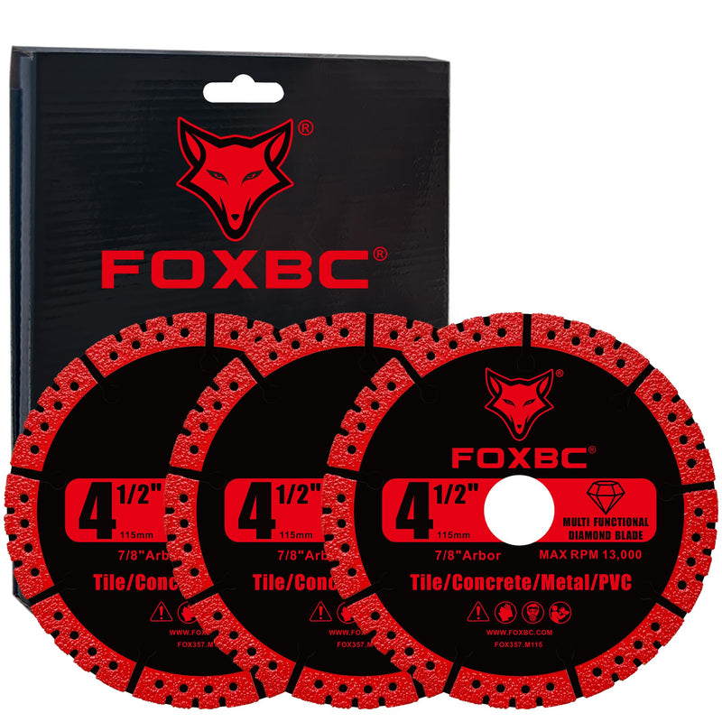 FOXBC 4-1/2 inch Diamond Multi-Purpose Saw Blades for Angle Grinder, Heavy Duty Cut-Off Disc for Metal, Plastic, Porcelain, Ceramic, Marble, Stone - 3 Pack