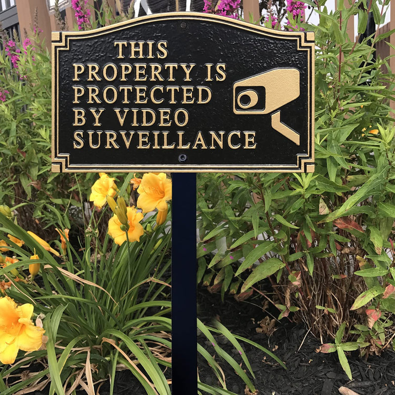 SmartSign 5.75 x 9.5 inch “This Property Is Protected By Video Surveillance” GardenBoss Statement Plaque with 18 inch Lawn Stake, 375 mil Rustproof Aluminum, Black and Gold, Set of 1, Made in USA Traditional
