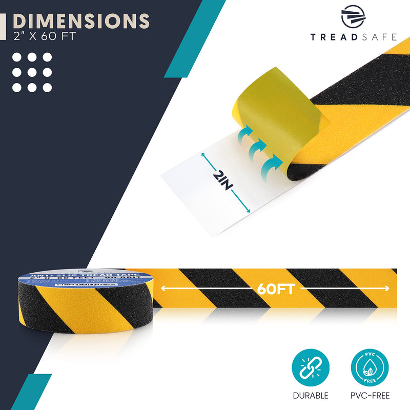 Anti Slip Safety Tape for Steps - Black and Yellow Grip Tape, Caution Tape Adhesive Step Tape, Hazard Grip Tape, Stairs Safety Tape (2" x 60 FT Roll) Caution Tape 2" x 60 FT Roll