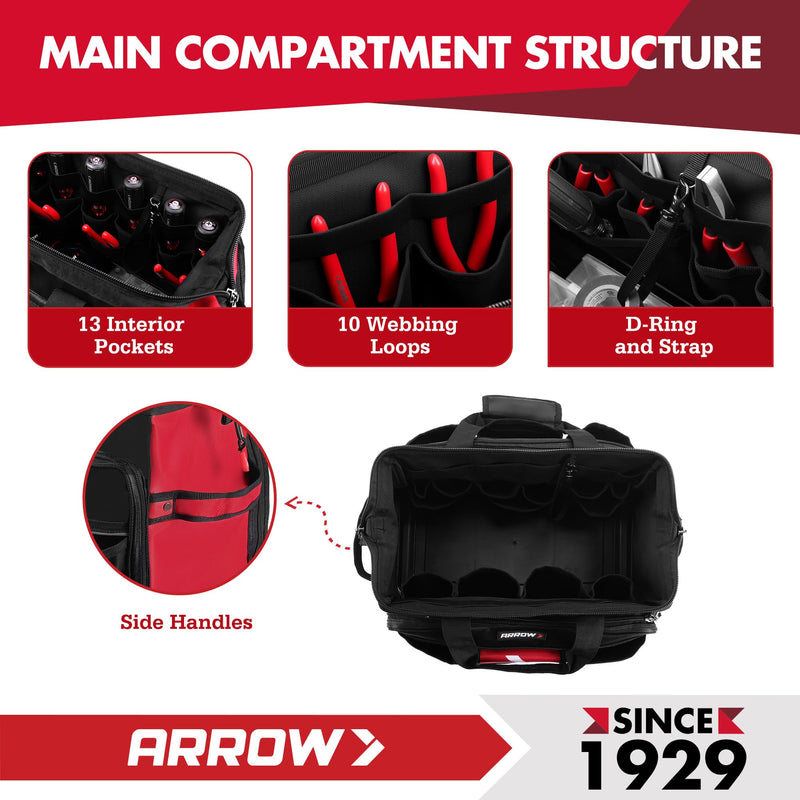 [Australia - AusPower] - ARROW 6.3-Inch Torpedo Level, Magnetic Leveler with 0°/30°/45°/90° Bubbles, Top-view Windows, Aluminium Alloy Frame, Dual Metric and SAE Scales & 17" Large Tool Bag with 36 Multipurpose Pockets 