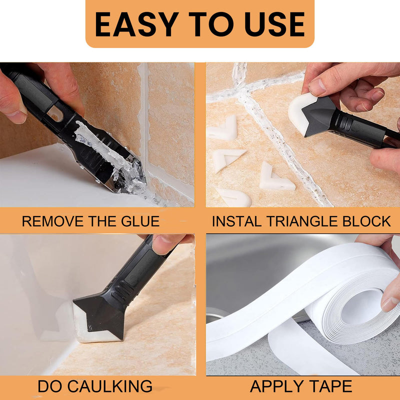 [Australia - AusPower] - White Caulk Tape Waterproof Self Adhesive, Bathroom Caulking Tape,Sealer Strip for Toilet Base Shower Wash Basin Sink, Easy to Use with Silicone Caulking Tool, Multifunction Middle Crease Design 