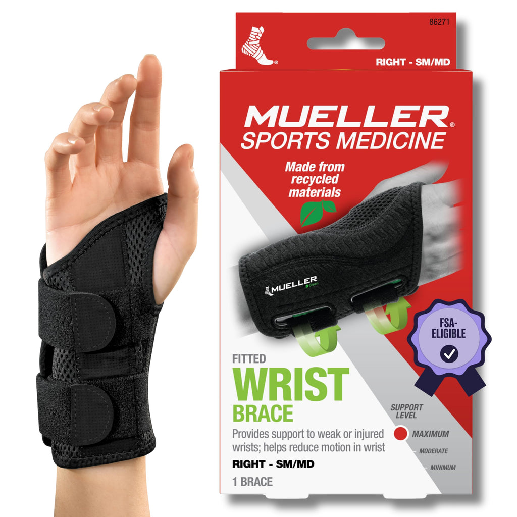 MUELLER Sports Medicine Green Fitted Wrist Brace, Wrist Pain Relief Support for Men and Women, Ideal for Carpal Tunnel, Tendinitis, Arthritis, Right Hand, Black Small/Medium (Pack of 1)