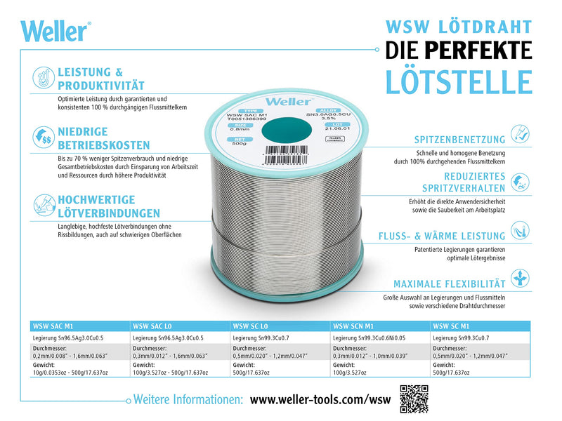 Weller WSW SCN M1 (T0051402699) Lead Free Solder Wire, Ø 1.0mm, Alloy Sn99.3Cu0.6Ni0.05, Flux Content 3.5%, 100g, Silver 1,0mm, 100g