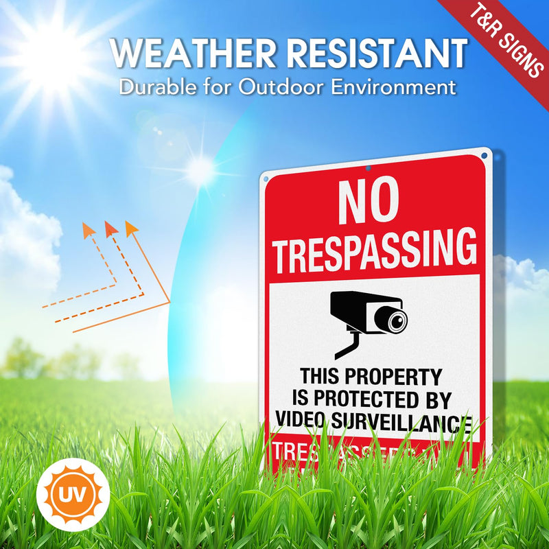 T&R Large No Trespassing Private Property Sign Video Surveillance Sign - 14 x 10 InchesRust Free .040 Aluminum Reflective, Weather Resistant, Waterproof, Fade Resistant, 6 Pre-drilled Holes - 4 Pack Trespassers Will Be Prosecuted 14" x 10" - 4 Pack