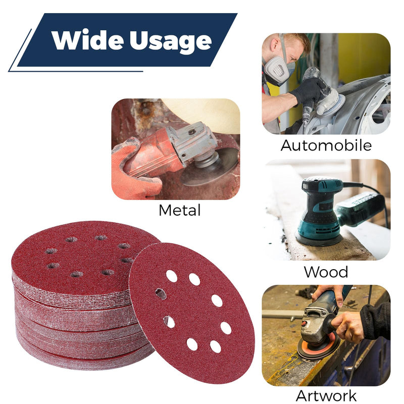 Pack of 100 Sandpaper 125 mm, Sanding Discs 8 Holes, P40/P60/P80/P120/P180/P240/P320/P400 Eccentric Round Sandpaper Pack of 100 mixed grit