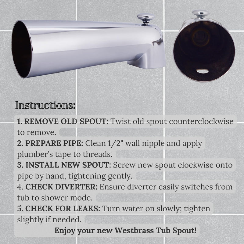 Westbrass A507D-1F-26 A507D-1F 7" Reach Wall Mount Tub Spout with Diverter, Polished Chrome