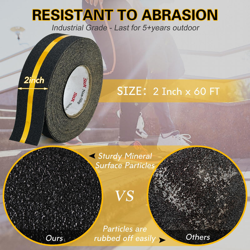 S&X Anti Slip Tape with Reflective Strip - 2 in x 60 FT Premium Grip Tape for Stairs Indoor & Outdoor Stair Tread Non-Slip High Visibility Strong Adhesive Traction Tape 2" X 60' Black/Reflective