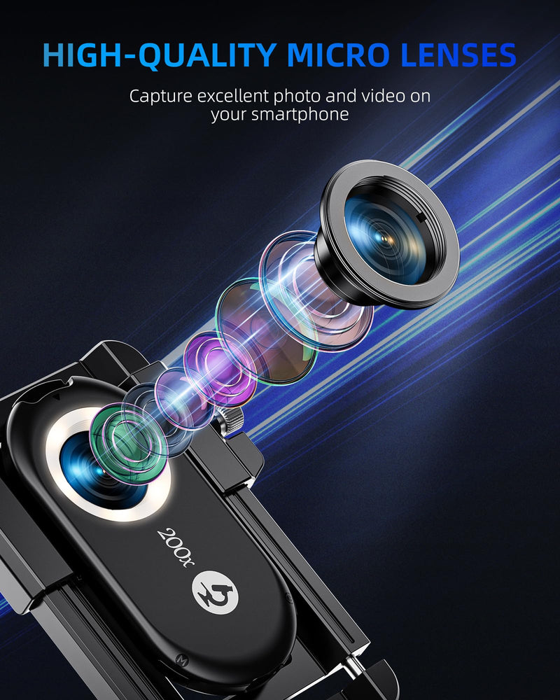 [Australia - AusPower] - CAMOLO 200 x Mobile Phone Microscope Mobile Phone Magnifying Glass 200X Phone Microscope Cannabis Apexel Microscopes Mobile Phone HD Digital Microscope Lens for iPhone Pixel Samsung Xiaomi Medium 