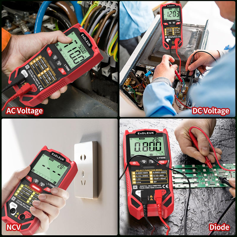 [Australia - AusPower] - Digital Multimeter Voltage Tester, 4000 Counts Smart Measurement Auto-Ranging Volt Meter, Non-Contact Tester Tools, Measures AC/DC Voltage, NCV, Capacitance, Resistance, Diode, Continuity & Live Wire Red 