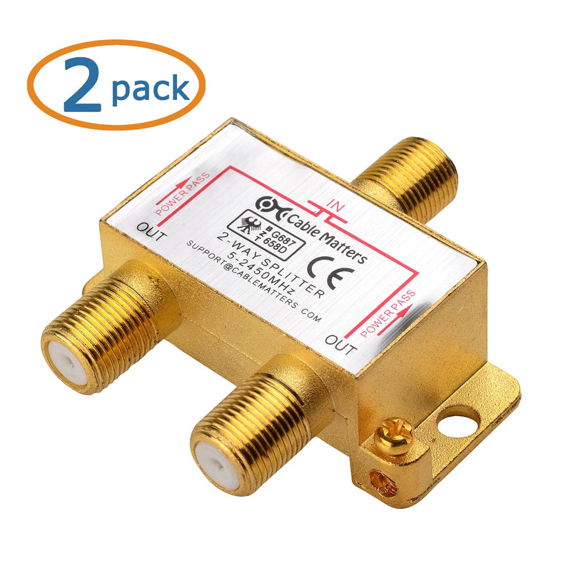 [Australia - AusPower] - Cable Matters 2-Pack 2.4 Ghz 2 Way Coaxial Cable Splitter for STB TV, Antenna and MoCA Network - All Port Power Passing - Gold Plated and Corrosion Resistant 2-Way 