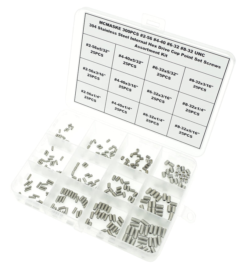 [Australia - AusPower] - 300PCS #2-56#4-40#6-32#8-32 UNC 304 Stainless Steel Internal Hex Drive Cup Point Set Screws Assortment Kit #2-56 #4-40 #6-32 #8-32UNC 