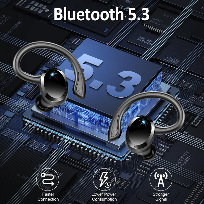 [Australia - AusPower] - Wireless Earbuds Bluetooth Headphone Sport, 2024 Bluetooth 5.3 Earbud 14.2mm Driver Stereo Over Ear Buds, 48Hrs Earphone with Earhook, Noise Cancelling Mic, IP7 Waterproof Headset for Workout/Running 800 mAh Black 