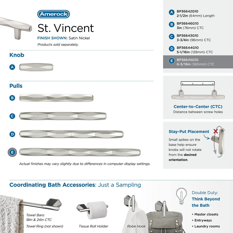 Amerock | Cabinet Pull | Satin Nickel | 6-5/16 inch (160 mm) Center-to-Center | St. Vincent | 1 Pack | Drawer Pull | Drawer Handle | Cabinet Hardware