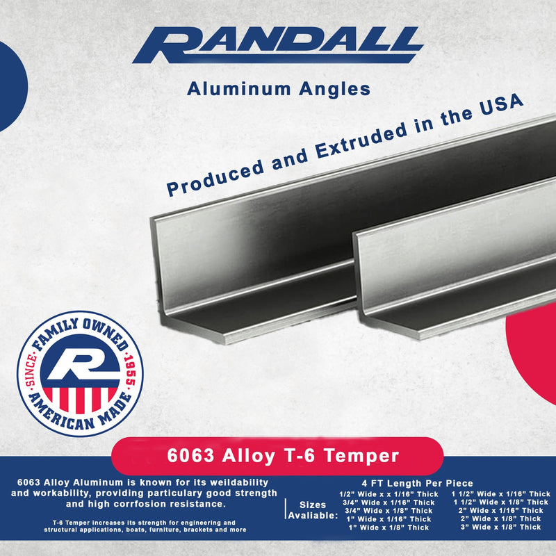 48" Long x 1" Wide x 1/16" Thick Aluminum Angle 6063 Alloy T-6 Temper