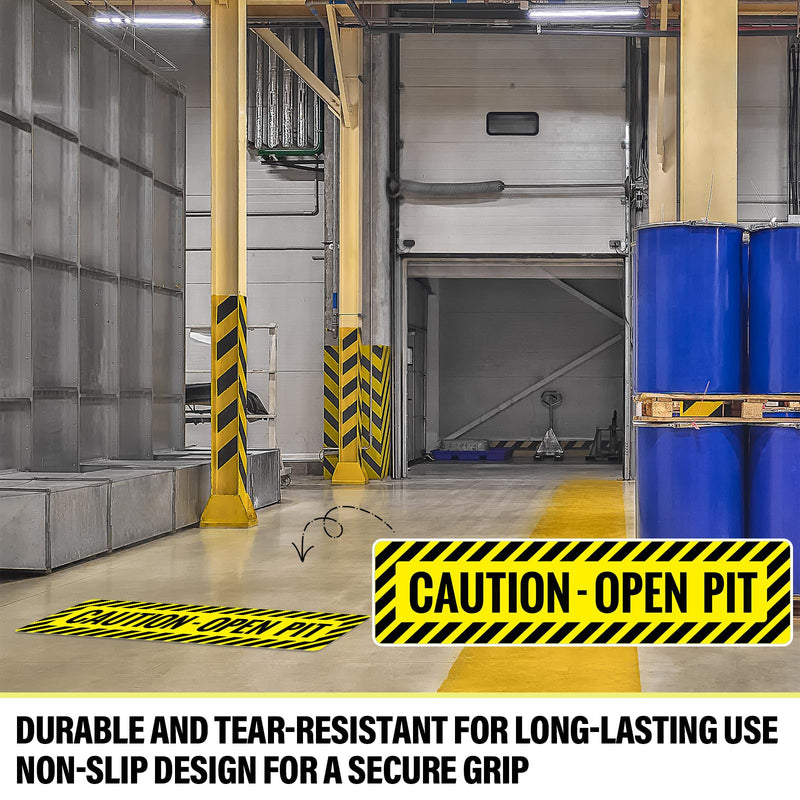 Mifoci CAUTION-OPEN PIT Floor Sign, Anti-slip 6 x 24 Inch PVC Adhesive Decal, Non-slip Safety Warning for Warehouse, Factory, Workshop, Workplace, Black on Yellow