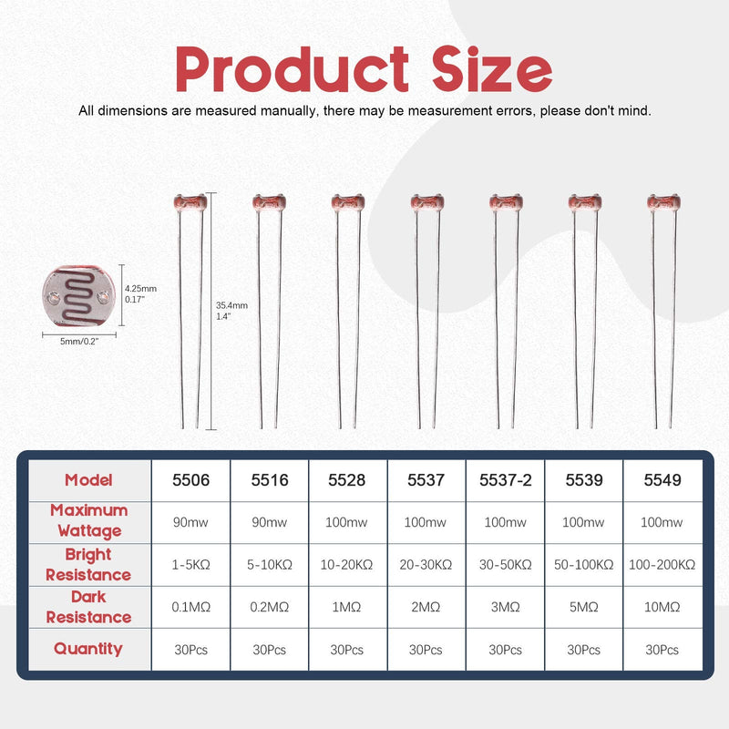 [Australia - AusPower] - Hilitchi 210Pcs LDR 5mm Light Dependent Resistor LDR Sensor Photoresistor Photoconductive Resistance 5506, 5516, 5528, 5537, 5537-2, 5539, 5549 
