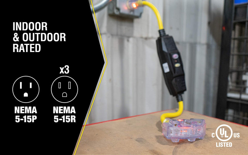 Southwire Yellow Jacket 2816 Coleman GFCI Quad In-Line Power Block - 125 V - 15 A - 12/3 AWG SJTW - 3-Outlet - Yellow - Durable Electrical Cord