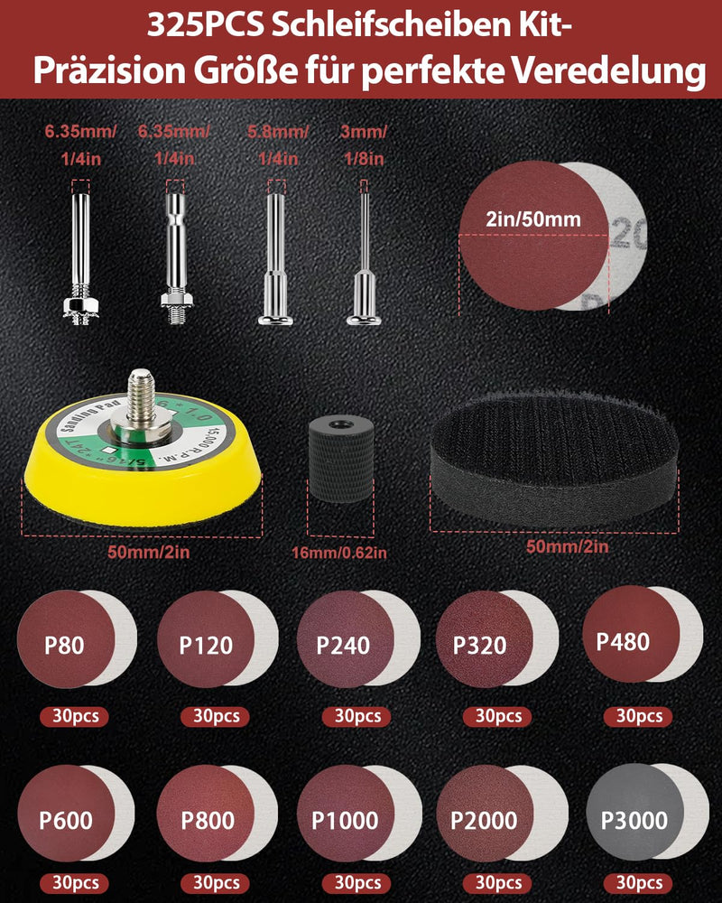 [Australia - AusPower] - 325 pieces 50 mm sandpaper set, sanding discs for Dremel sanding attachments, cordless screwdriver grinding attachment, grain size 80-3000 for headlight preparation, polishing, car, metal, wood 