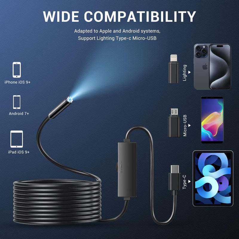 [Australia - AusPower] - Borescope Endoscope Camera with Light for Iphone: 1920P HD Inspection Camera with 8 Adjustable Led Lights, 16.4ft Semi-Rigid IP67 Waterproof Bore Scope Snake Cameras for Android 