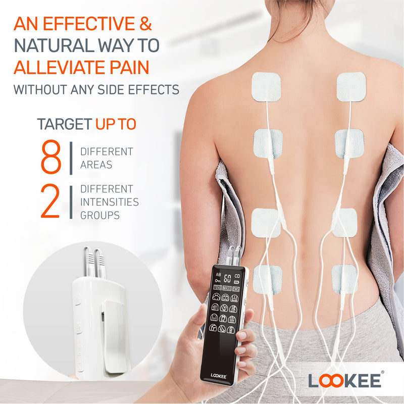 LOOKEE 4-Channel TENS Unit & EMS Muscle Stimulator – Drug-Free Pain Relief, Rechargeable TENS Machine with 36 Modes & 40 Intensity Levels for Back, Shoulder, Knee, and Nerve Pain Therapy