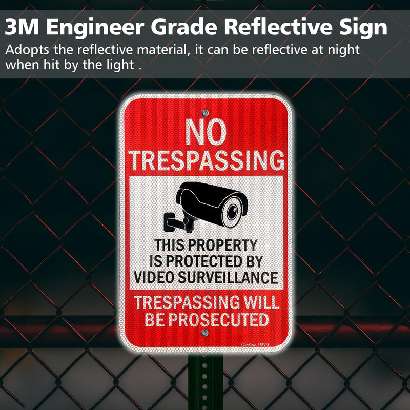 GicnKeuz Large Video Surveillance Signs, 18x12 Inches No Trespassing Sign Private Property Sign,Engineer Grade Reflective Aluminum, Fade Resistant,Indoor or Outdoor Use (2-Pack) Red 2 PACK