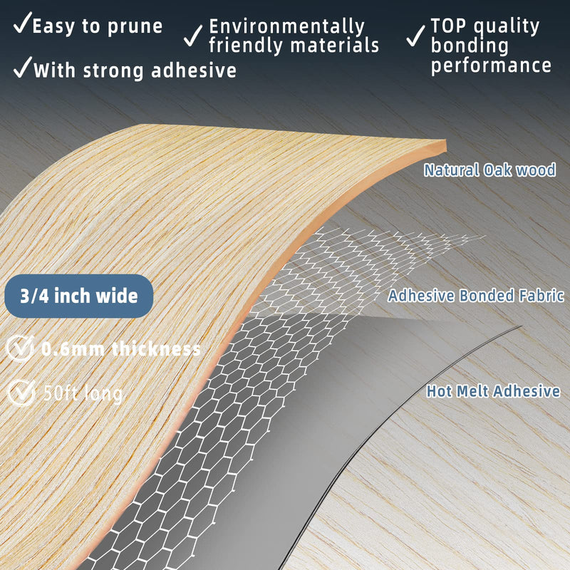 White Oak Edge Banding, 3/4 inch x 50ft roll of Veneer White Edge Banding Pre-glued Flexible, Real Wood Tape Banding for Cabinet Repair Plywood 3/4"x 50ft