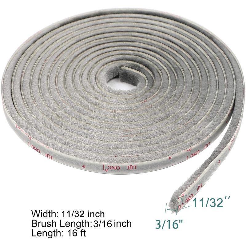 [Australia - AusPower] - TORRAMI Felt Pile Weather Stripping 11/32 inch x 3/16 inch x 16 ft, Sliding Windows and Door Frame Side Brush Seal, Draft Stopper Soundproofing, Grey Gray 