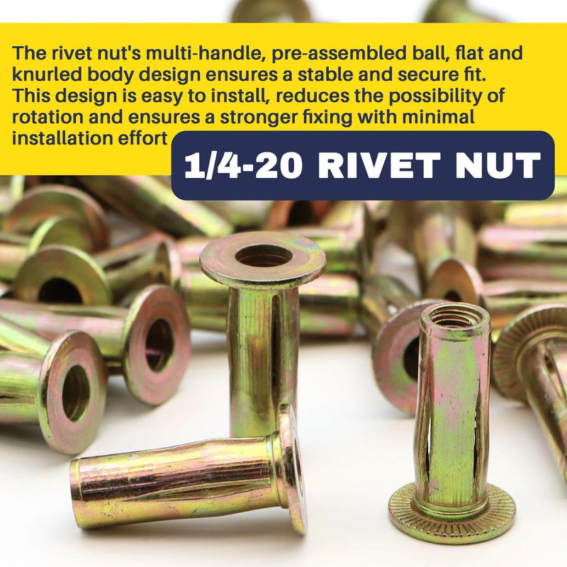 [Australia - AusPower] - 50 Pack 1/4-20 Multi-Grip Rivet Nuts - Zinc-Plated Steel Construction Fasteners - Pre-Bulbed Shank - Flat Head Threaded Insert Plus Nut - Ideal for Household Items, Automobiles 50 Pack 