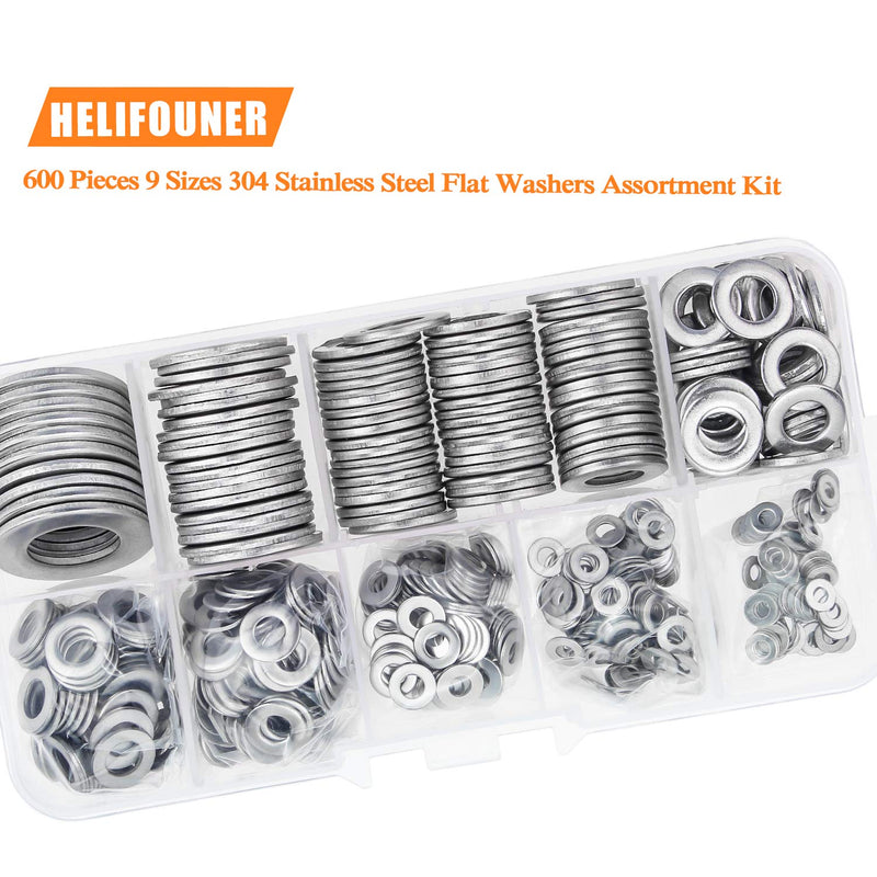 [Australia - AusPower] - 600 Pieces 9 Sizes 304 Stainless Steel Flat Washers Assortment Kit (M2 M2.5 M3 M4 M5 M6 M8 M10 M12) 