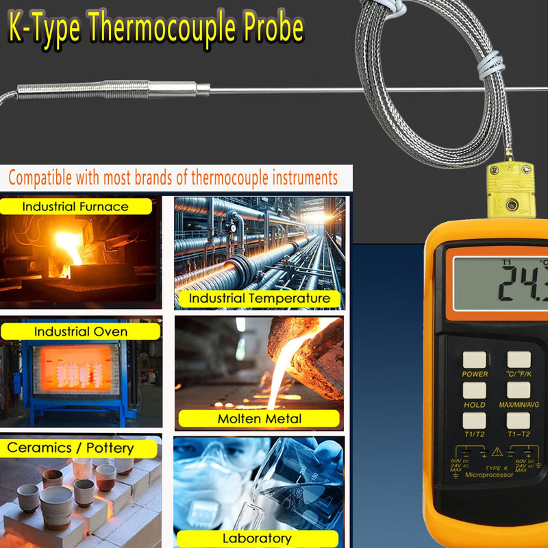 [Australia - AusPower] - 2 Pack TL1918SL TL1916SL K-Type Thermocouple Probe Large Probe 11.9“-0.13” Small Probe 11.9“/0.06”Measuring Range 40°F-1100°F Cable 40" 