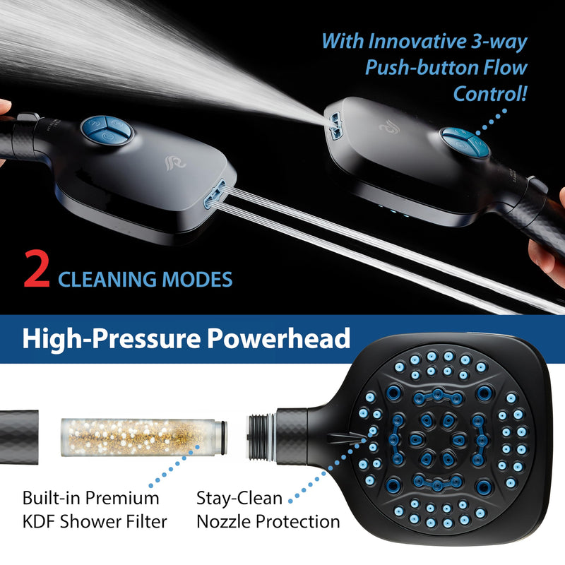 AquaCare 4X High Pressure 10 Spray Mode Filtered Showerhead - Handheld Shower Head Filters Chlorine to Heal Dry Skin, Revive Hair - Dual Power Wash Cleans Tub, Tile, Pets - Hard Water Softener, Black Square Matte Black