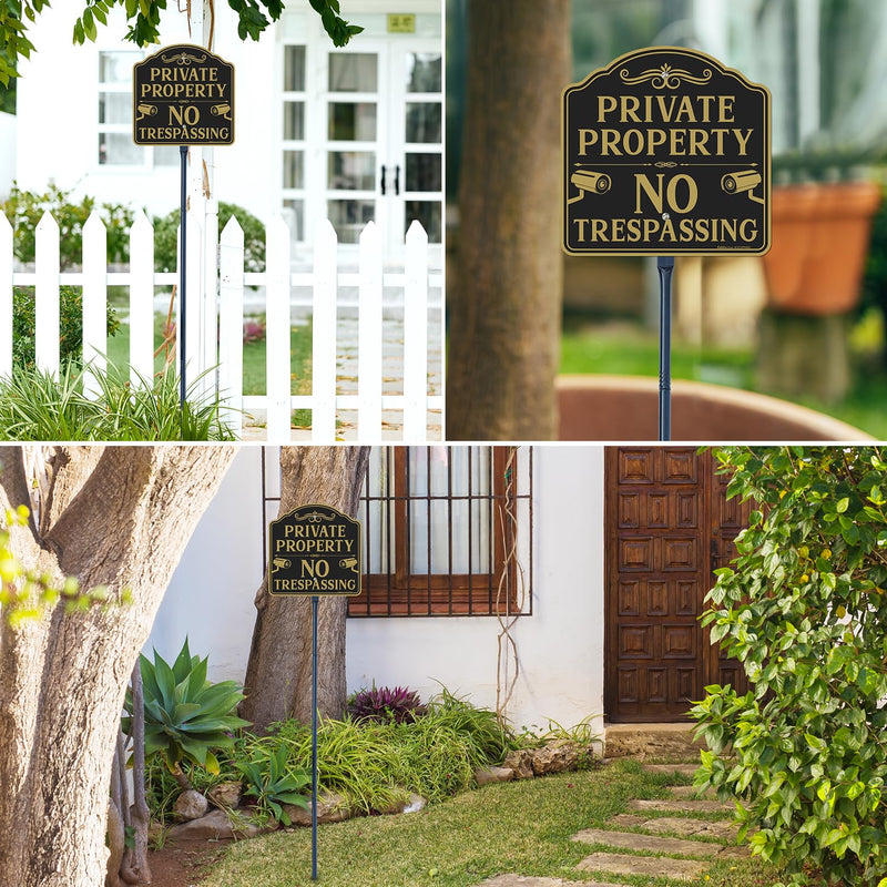 Faittoo Large No Trespassing Sign Private Property with 54" Metal Thick Stake, 12"x12" Rust Free Heavy Aluminum, Reflective, Fade Resistant, Easy to Mount, Outdoor Use Black Gold - 1 Pack