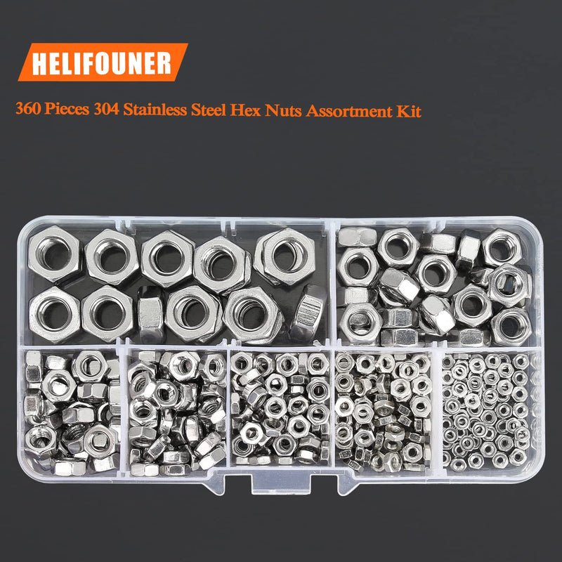 [Australia - AusPower] - 360 Pieces 7 Sizes 304 Stainless Steel Hex Nuts Assortment Kit (M2 M2.5 M3 M4 M5 M6 M8) 
