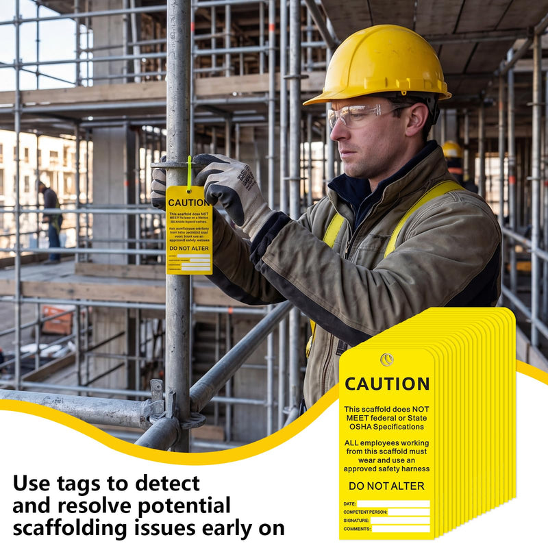 25 Pack Scaffold Status Tags with Cable Ties Yellow Caution Scaffold Tag Laminated Cardstock Safety Inspection Warning Signs 3 x 6 Inches, Weatherproof Tear-Resistant Yellow Tags