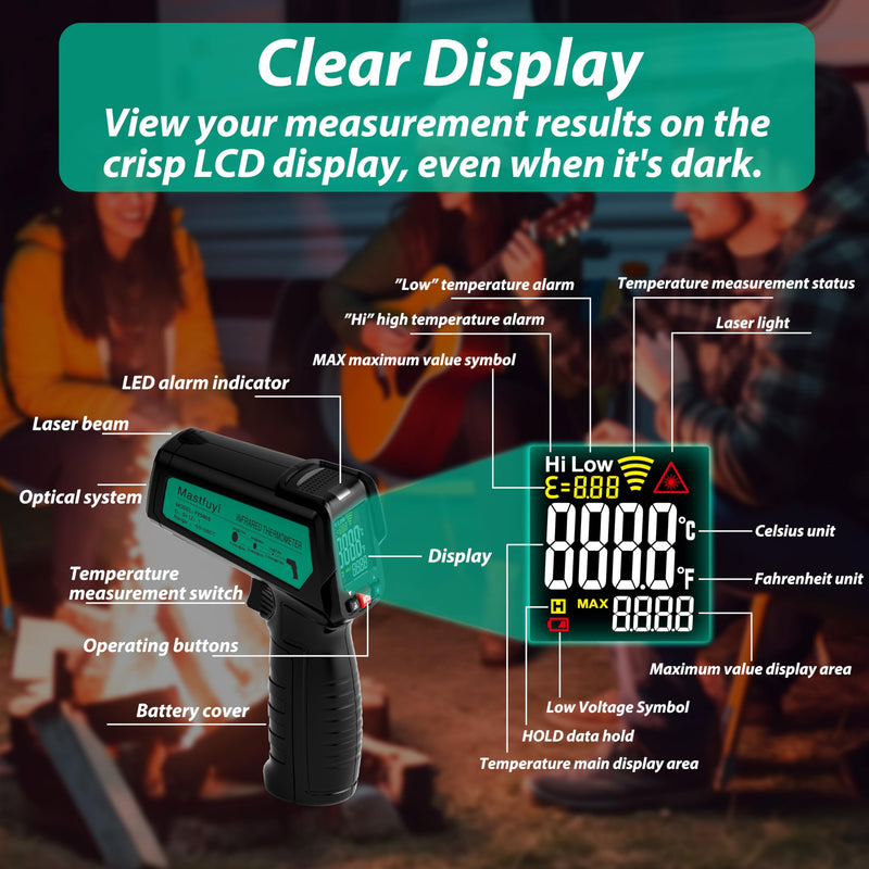 [Australia - AusPower] - Infrared Thermometer, Laser Temperature Gun Adjustable Emissivity Max Measure, Non Contact Surface Outdoor Heat Gun, Digital IR Temp Gun for Food, Cooking, BBQ, Pizza Oven, Reptile 