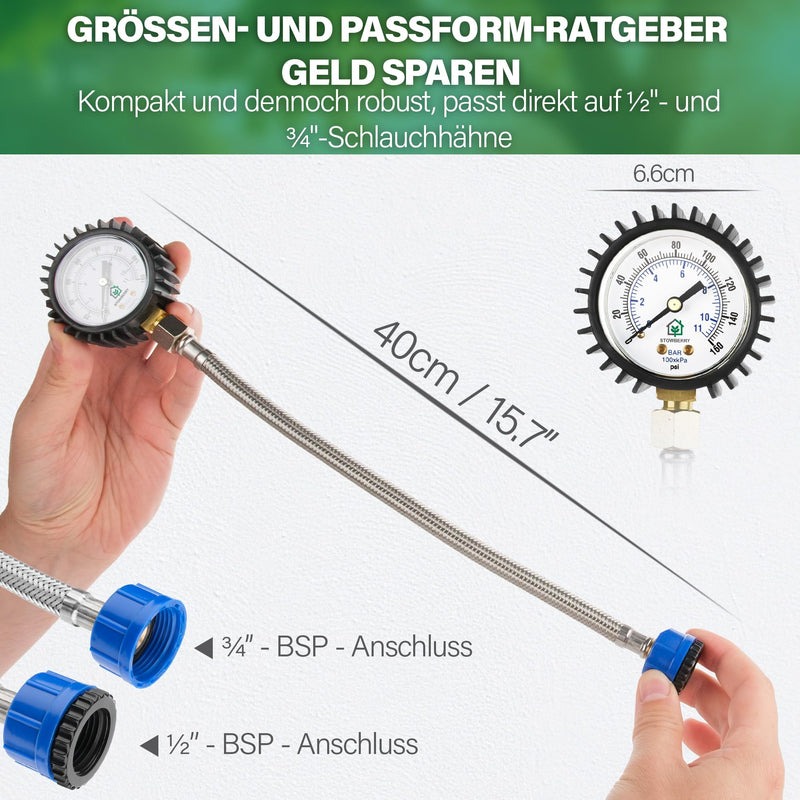 Mesh Water Pressure Gauge - 0-11 Bar / 0-160 PSI | Water inlet pressure gauge with hose tap connection - hydraulic tool for the