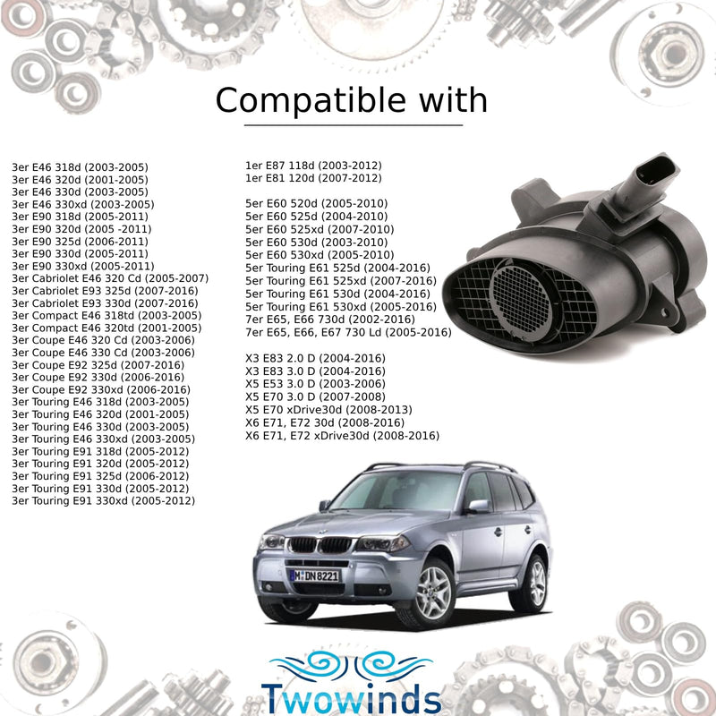 [Australia - AusPower] - Twowinds - Flow Meter 0928400529 Compatible with BMW E46 E53 E60 E61 E65 E66 E67 E90 E91 E92 E93 E87 E83 X5 X6 X3-13627788744 - 7 7 182 211. 04 – 70640146 – Air Flow Meter 