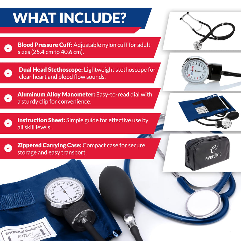 [Australia - AusPower] - Dixie EMS Aneroid Sphygmomanometer and Dual Head Stethoscope Set with Adult Size Blood Pressure Cuff, Calibration Key and Carrying Case – Navy Blue - FSA/HSA Eligible 