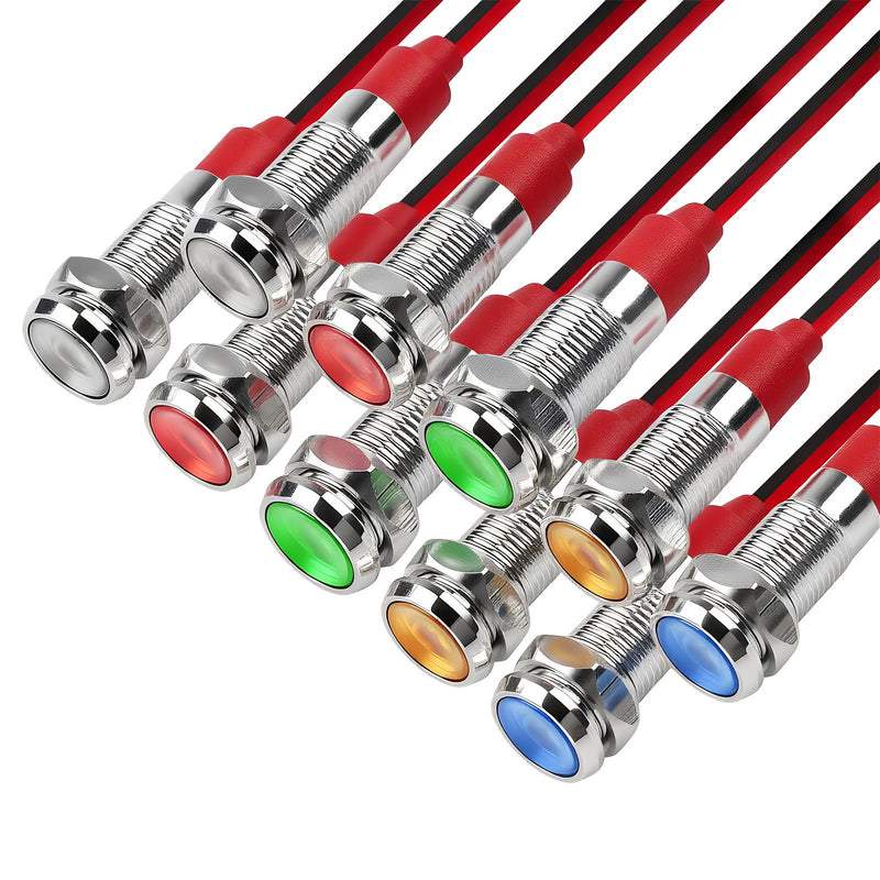 10pcs LED Indicator Light 12V-24V 6 mm, Metal Signal Lamp IP65 Waterproof, Wired Indicator Light Set for Car, Boat, Motorcycle, Truck, Cockpit Warning Light, 2 Pieces Each Red, Green, Yellow, Blue