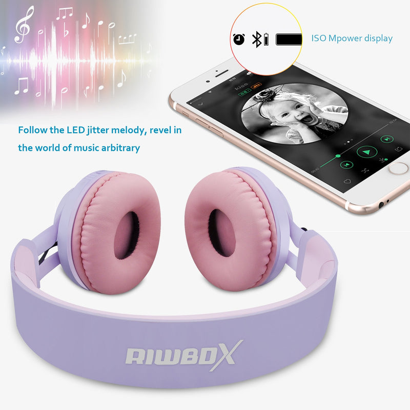 [Australia - AusPower] - Riwbox WT-7S Kids Bluetooth Headphones Light Up, Foldable Stero Wireless Headset with Microphone and Volume Control for PC/Tablet/TV/Travel (Purple) Purple 