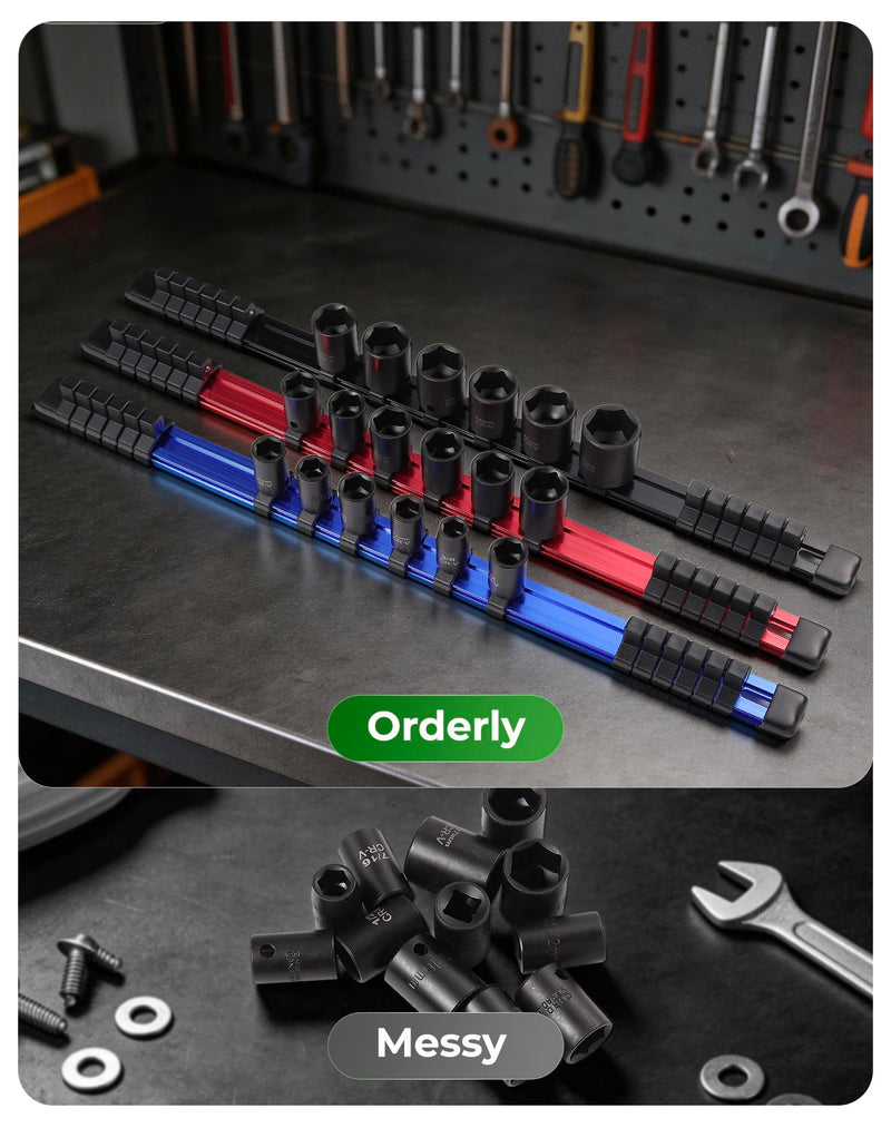 ALOANES 3-Piece 1/4-Inch Drive Aluminum Alloy Socket Rail Organizer, Heavy Duty Socket Racks, Socket Holder Kit for Toolbox Drawer Fit 1/4-Inch x 72 Clips (Red) 3PC, 1/4-inch Drive Red