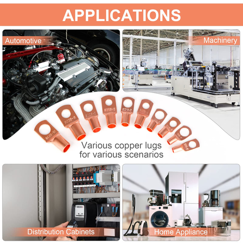[Australia - AusPower] - Copper Wire Lugs,Terminal Connectors,Used on AWG12 10 8 6 4 2 Cable,Heat Shrink Set,Bare Copper Eyelets,Ring Terminals Connectors,64Pcs Battery Cable Lugs Ends and 66Pcs Heat Shrink Tubing (130PCS) 130PCS 