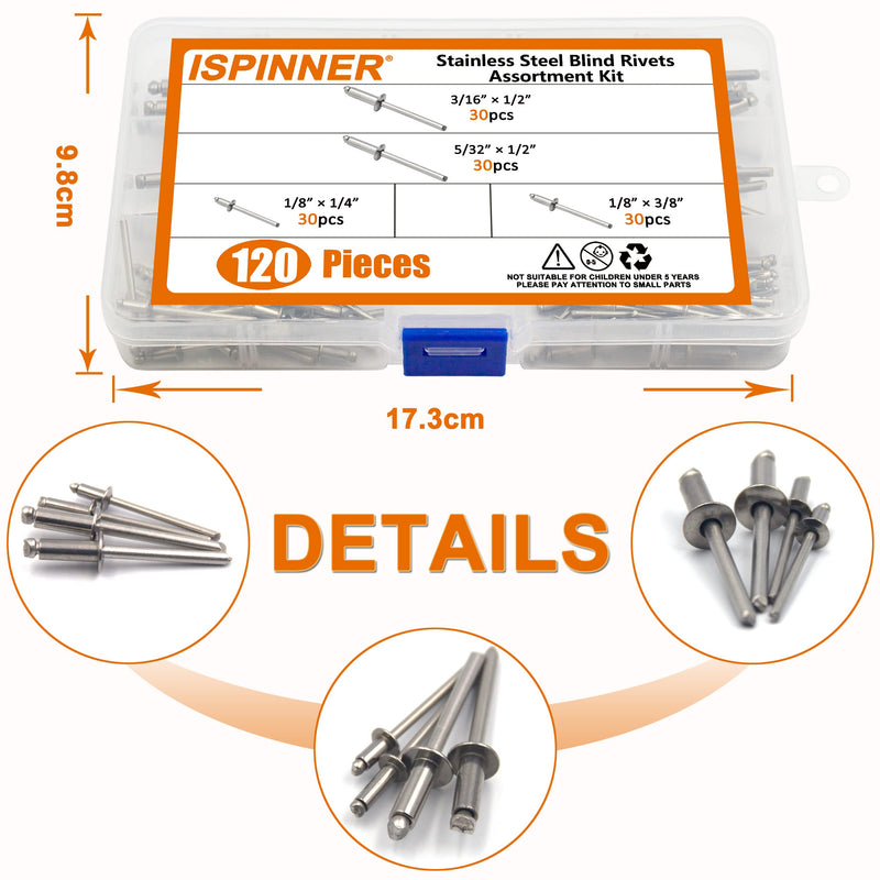 [Australia - AusPower] - ISPINNER 120pcs 304 Stainless Steel Blind Rivets, Pop Rivets Assortment Kit 