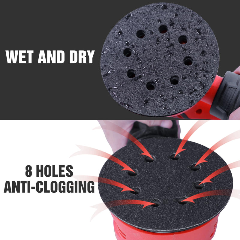 [Australia - AusPower] - KONGMING Pack of 100 Wet Sandpaper 125 mm Velcro 8 Holes Grit 80 120 180 240 320 400 600 800 1000 2000 Silicon Carbide Sandpaper for Random Orbital Sanders 100 pieces-mix 