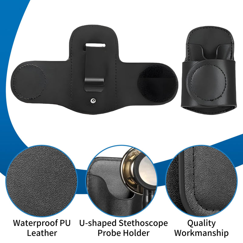 [Australia - AusPower] - PU Leather Stethoscope Holder Clip 2-Pack (Black & Pink) - Secure Hands-Free PU Leather Holster for Physicians, Nurses, EMT, Students - Fits 3M Littmann & Most Stethoscopes 
