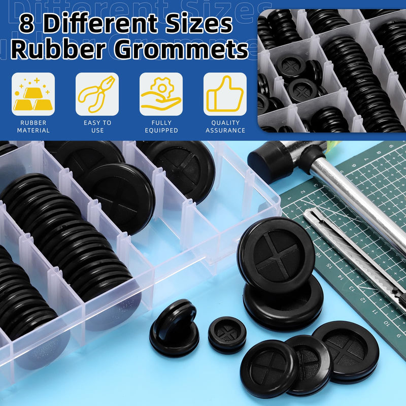 Glarks 100Pcs 16/20/22/25/27/30/35/38mm Double Sided Rubber Grommet Set, 8 Sizes Black Round Rubber Hole Plugs Closed Firewall Hole Plug Rubber Gasket for Wire, Cable Protection 101