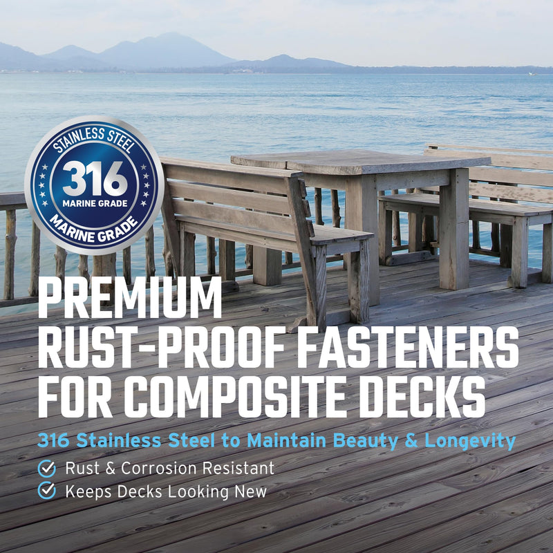 Composite Deck Screws, 316 Stainless Steel, #10 x 2-1/2", 100PCS - for PVC & Composite Decking, Flush Finish Cap Head, Reverse Thread, T20 Star Drive, Bit Included, Natural #10 x 2-1/2" 100